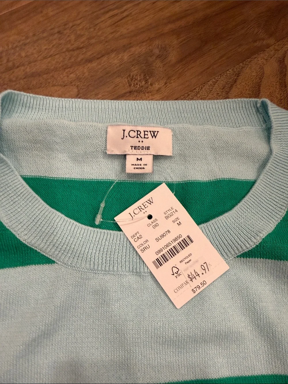 J. Crew Factory Teddie Light Blue and Green Striped Crewneck Sweater